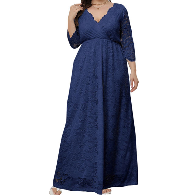 Navy Blue V-Neck Lace Plus Size Dress TQK310997-34