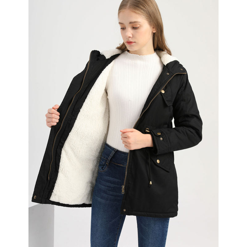Black Waist Drawstring Plush Hooded Thick Parka Coat TQK280127-2
