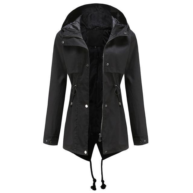 Black Waist Drawstring Hooded Outdoor Rainproof Coat TQK280126-2