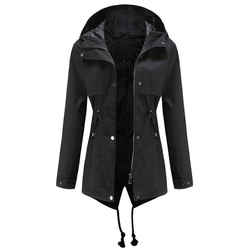 Black Waist Drawstring Hooded Outdoor Rainproof Coat TQK280126-2