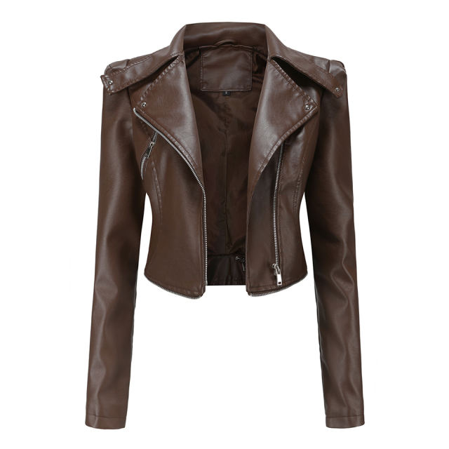 Coffee Removable Hem Leather PU Leather Jacket TQK280125-15