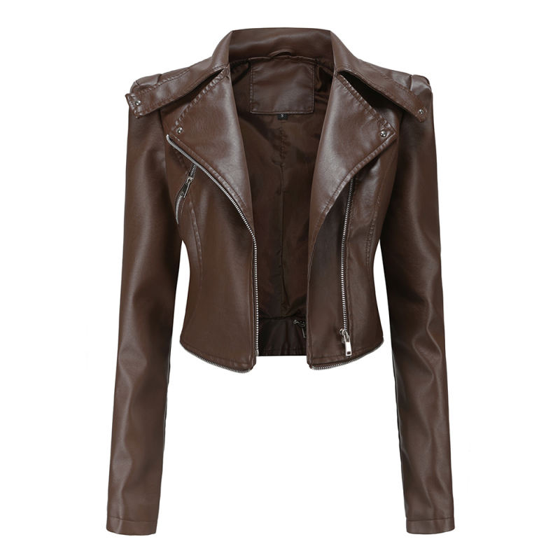 Coffee Removable Hem Leather PU Leather Jacket TQK280125-15