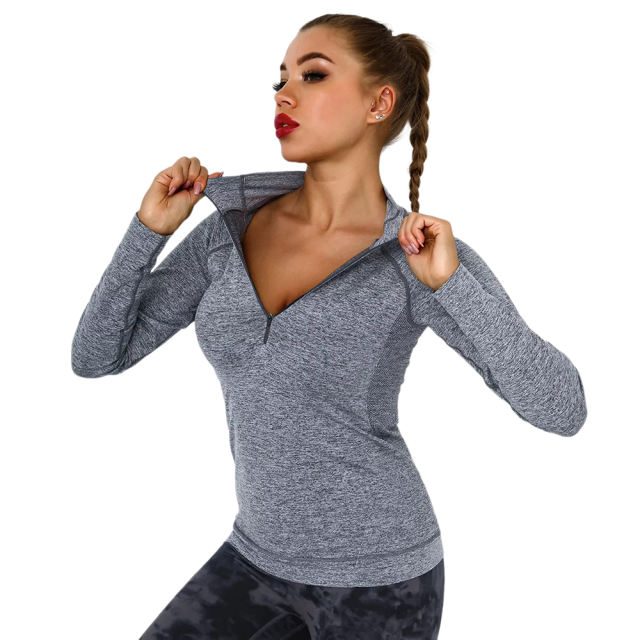 Dark Gray Quick Dry Zipper Knit Tight Yoga Tops TQE91363-23