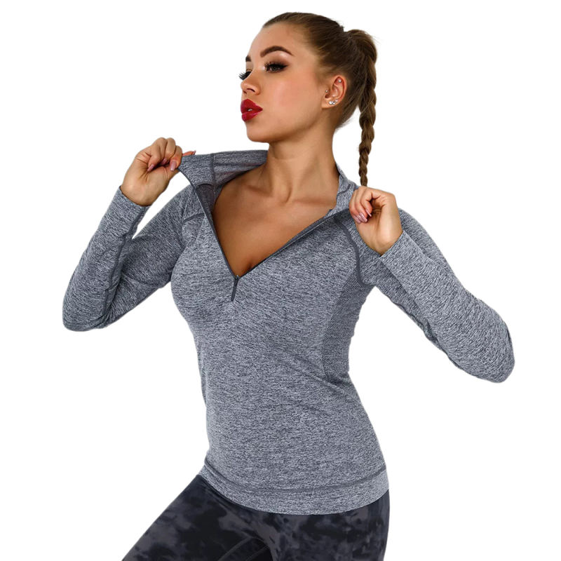 Dark Gray Quick Dry Zipper Knit Tight Yoga Tops TQE91363-23