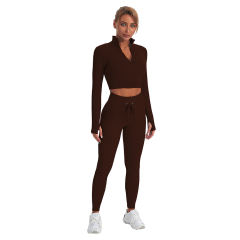 Coffee Seamless Stand Collar Jacket with Pant Yoga Set TQK710415-15