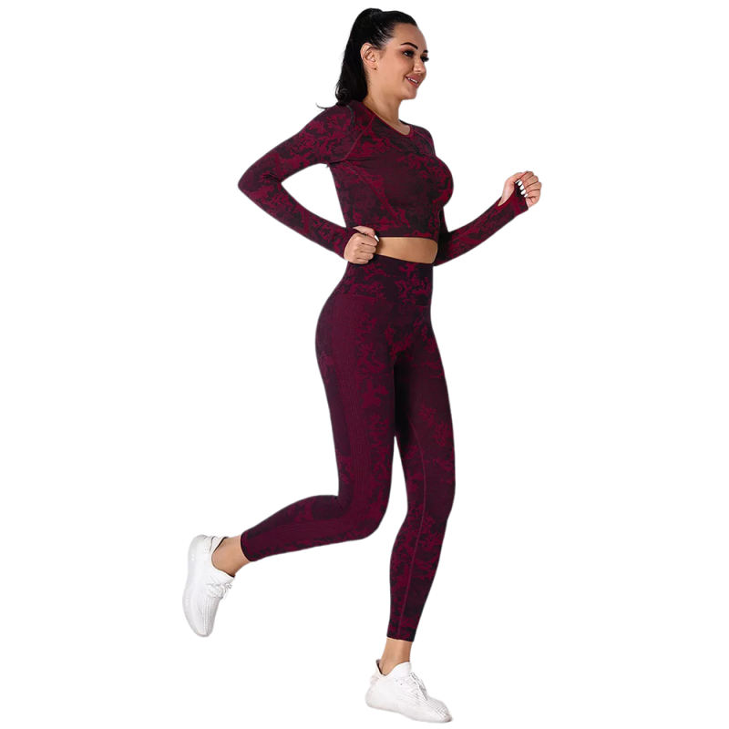 Wine Red Camo Knit Seamless Long Sleeve Pant Yoga Set TQE91362-103