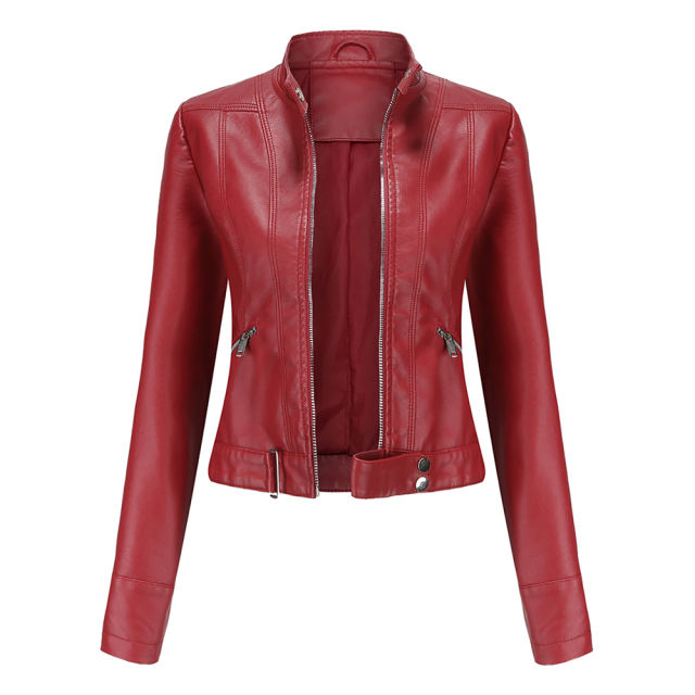Wine Red PU Stand Collar Short Leather Jacket TQK280124-23