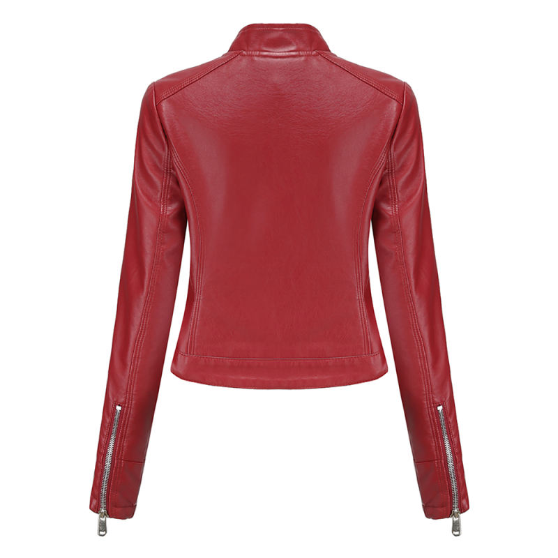 Wine Red PU Stand Collar Short Leather Jacket TQK280124-23