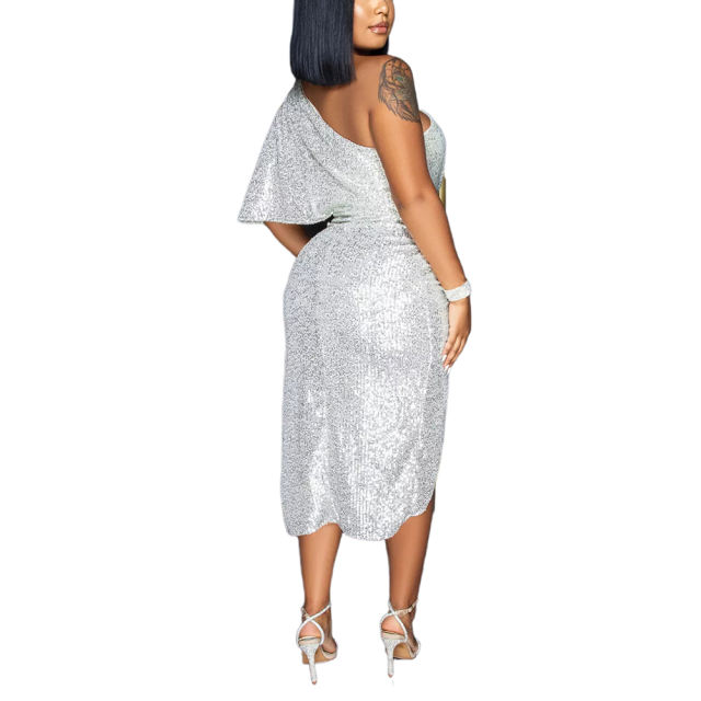 Silver One Shoulder Sequin Split Evening Dress TQK310820-13