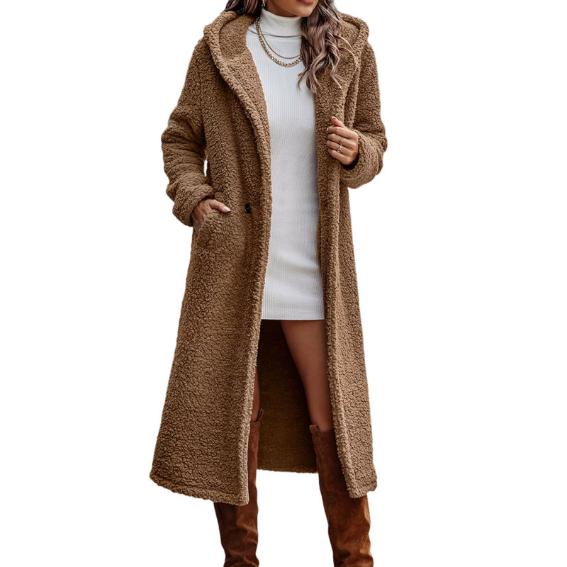 Camel Open Front Long Sleeve Hooded Fleece Coat TQK280217-58