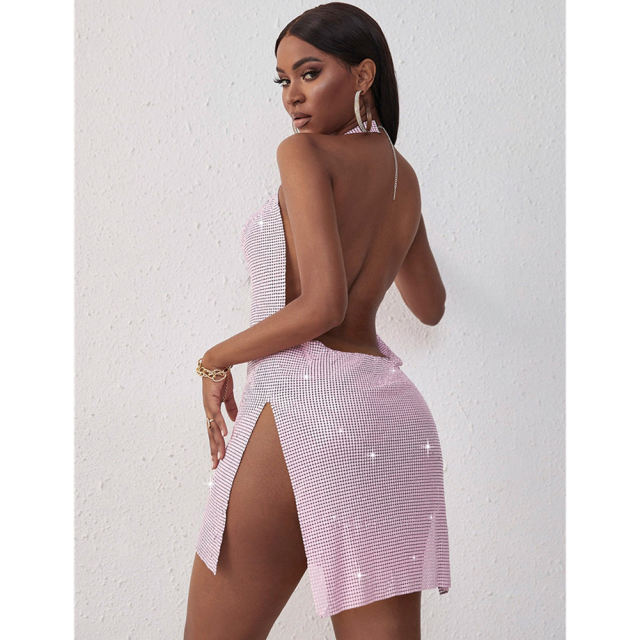 Pink Sequin Split Open Back Metal Halter Dress TQK310849-10