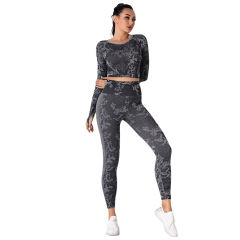 Gray Camo Knit Seamless Long Sleeve Pant Yoga Set TQE91362-11
