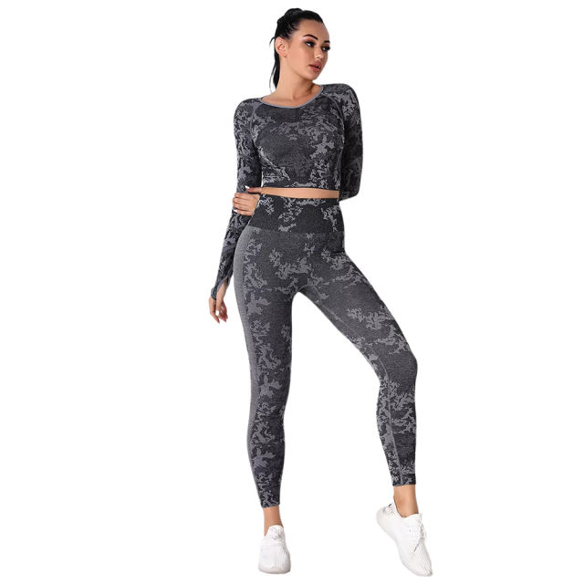 Gray Camo Knit Seamless Long Sleeve Pant Yoga Set TQE91362-11