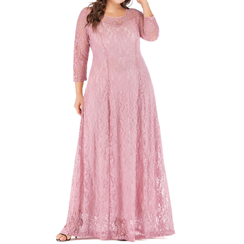 Pink 3/4 Sleeve Crew Neck Lace Plus Size Dress TQK310977-10