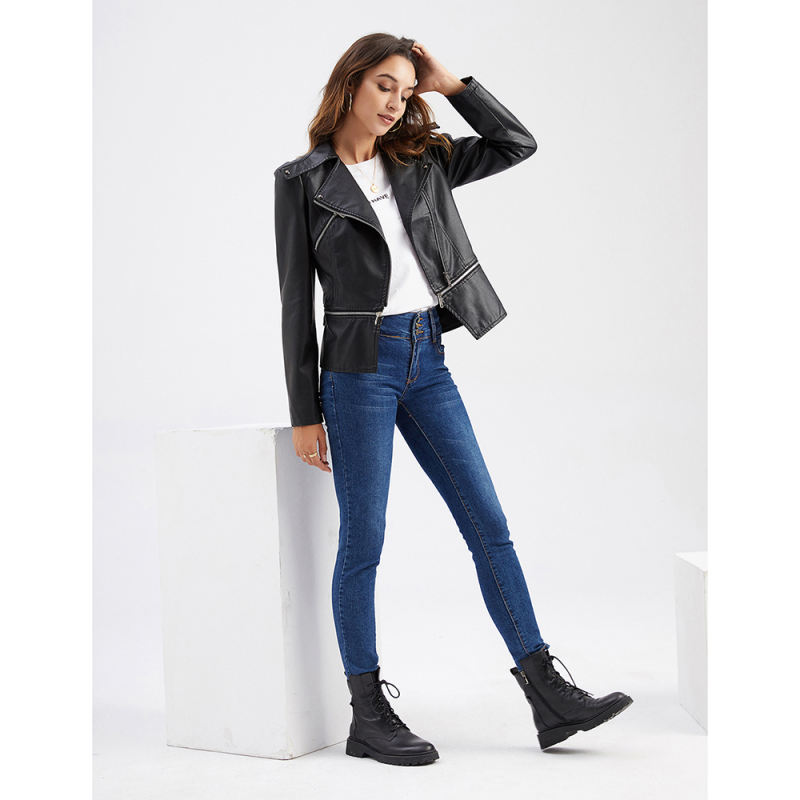 Black Removable Hem Leather PU Leather Jacket TQK280125-2