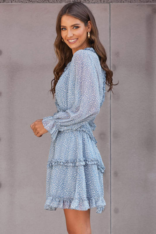 Sky Blue Ruffle Detailing Open Back Floral Dress LC220829-4