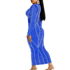Blue Padded Shoulder V Neck Rhinestones Mesh Maxi Dress TQK311225-5