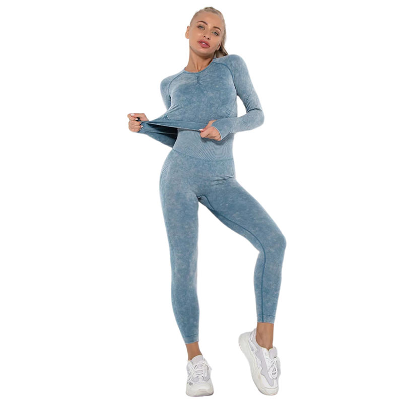 Blue Nylon Seamless Long Sleeve Pant Yoga Set TQE91361-5