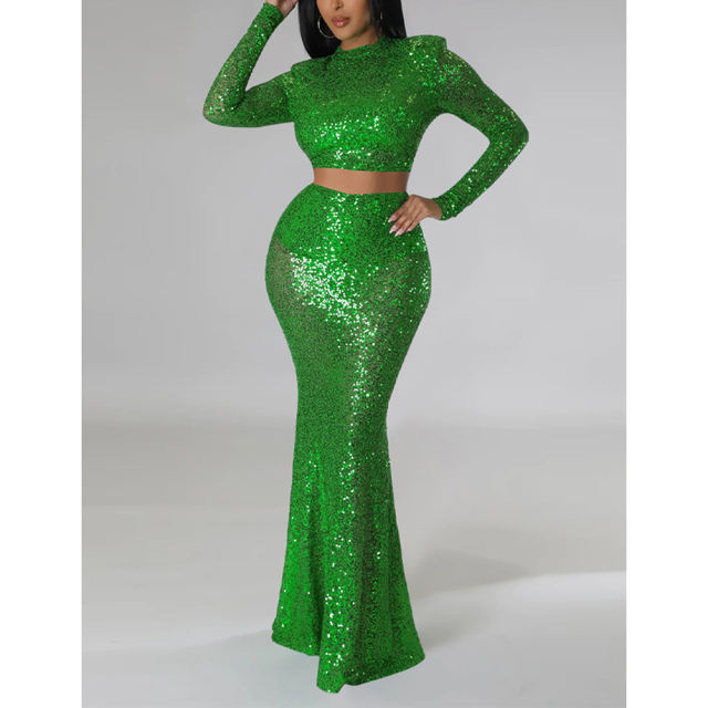 Green Sequined Crop Top with Fishtail Skirt Set TQV810034-9