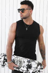 Black Solid O Neck Slim-fit Men\'s Tank Top MC256181-2