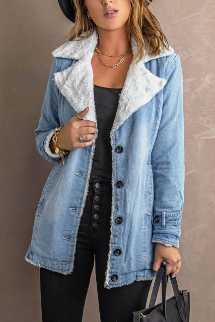 Sky Blue Lapel Collar Button Fleece Jacket LC8511336-4