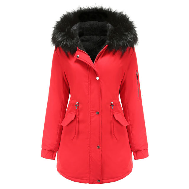 Red Fur Collar Drawstring Waist Warm Hooded Parka Coat TQK280130-3