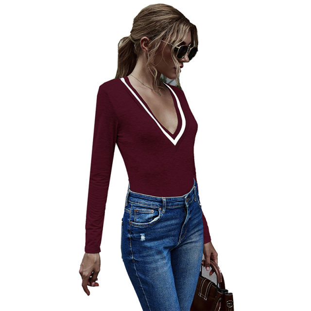 Wine Red Cotton Blend V Neck Bodysuit TQK550198-103