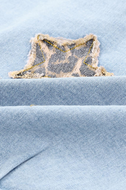 Sky Blue Leopard Star Distressed Cropped Denim Jacket LC788175-4