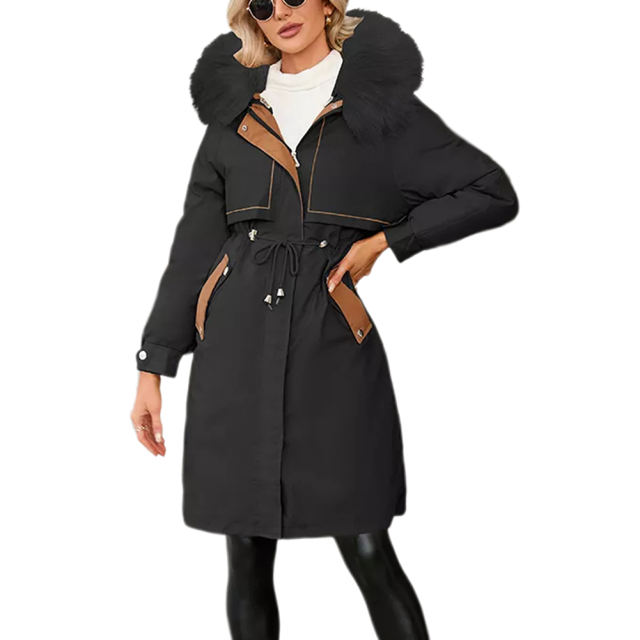 Black Zipper Plush Collar Parker Thick Coat 2pcs Set  TQK280219-2