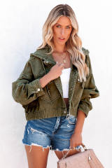 Green Large Pockets Hooded Cropped Denim Jacket LC788165-9