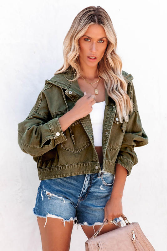Green Large Pockets Hooded Cropped Denim Jacket LC788165-9