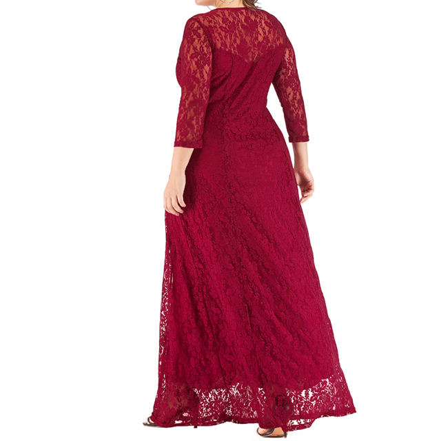 Wine Red 3/4 Sleeve Crew Neck Lace Plus Size Dress TQK310977-23