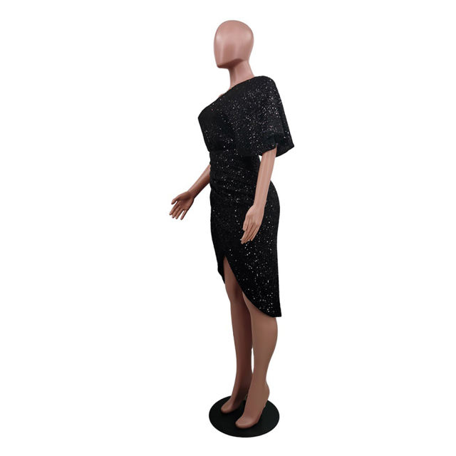 Black One Shoulder Sequin Split Evening Dress TQK310820-2