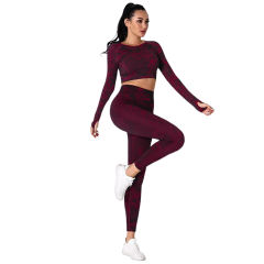 Wine Red Camo Knit Seamless Long Sleeve Pant Yoga Set TQE91362-103