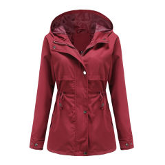 Wine Red Waist Drawstring Hooded Outdoor Rainproof Coat TQK280126-23