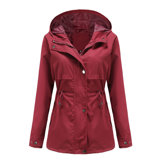 Wine Red Waist Drawstring Hooded Outdoor Rainproof Coat TQK280126-23