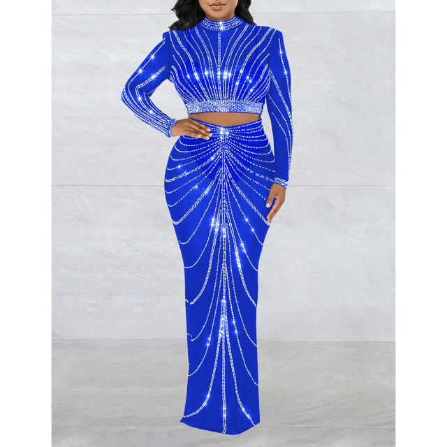 Blue Rhinestones Long Sleeve Crop with Maxi Skirt Set TQV810029-5