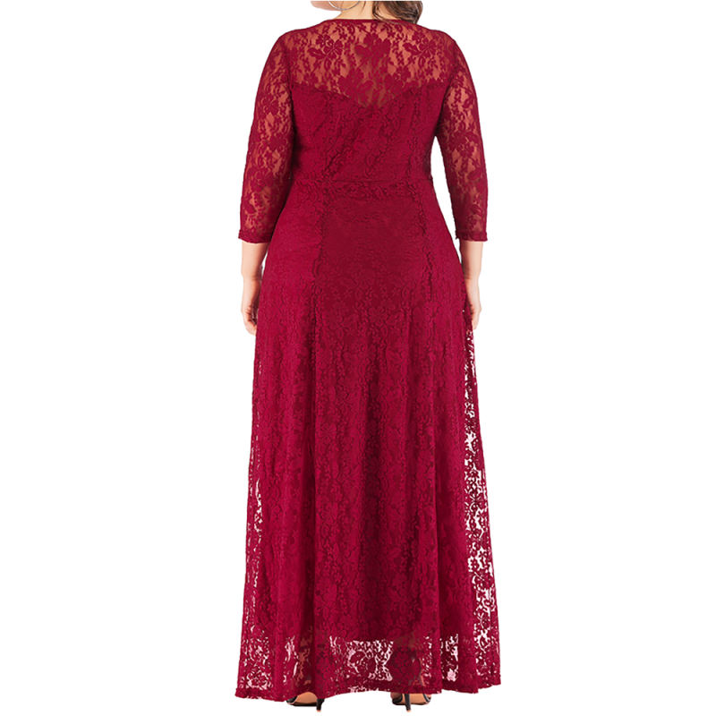 Wine Red 3/4 Sleeve Crew Neck Lace Plus Size Dress TQK310977-23