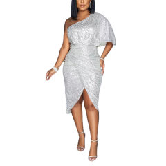 Silver One Shoulder Sequin Split Evening Dress TQK310820-13