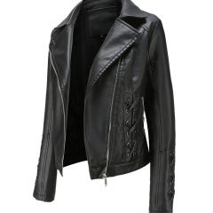 Black Zipper &amp; Bandage PU Leather Jacket TQK280142-2