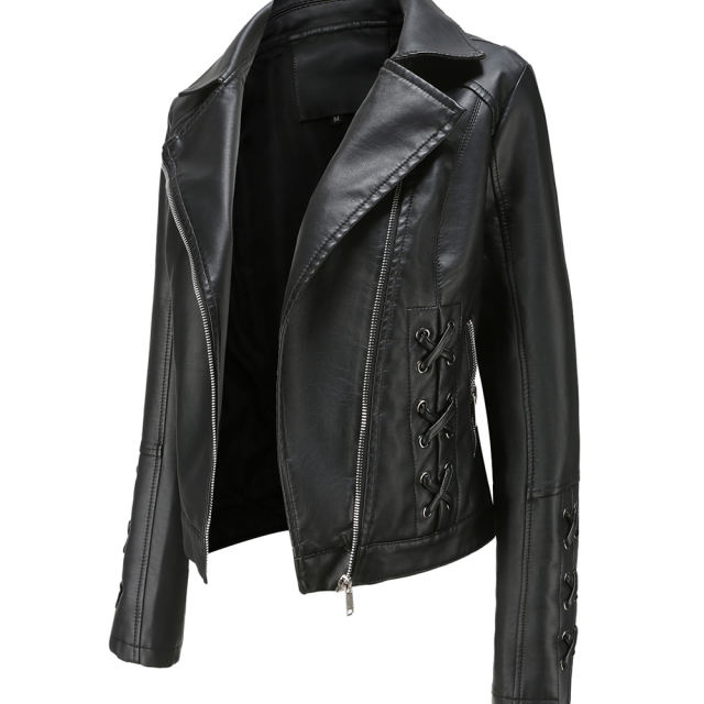 Black Zipper &amp; Bandage PU Leather Jacket TQK280142-2
