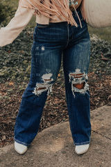 Blue High Waist Distressed Plus Size Jeans PL787066-5