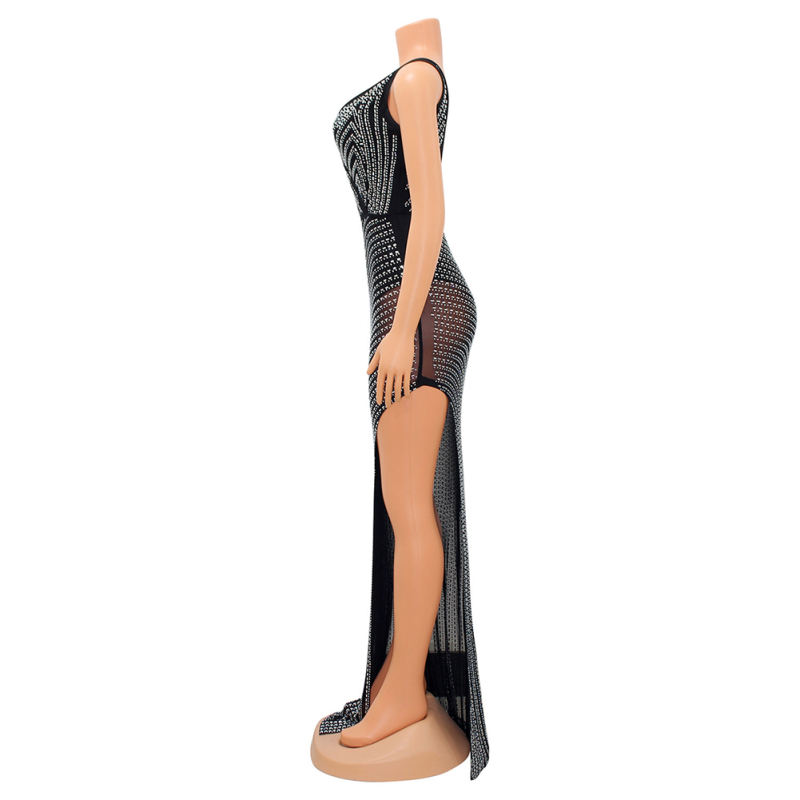 Black Rhinestone High Split V Neck Maxi Dress TQK311265-2