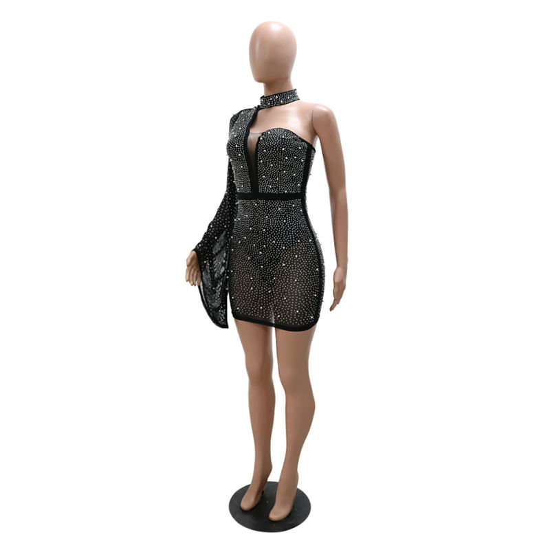 Black Rhinestone Perspective One Shoulder Bodycon Dress TQK310810-2