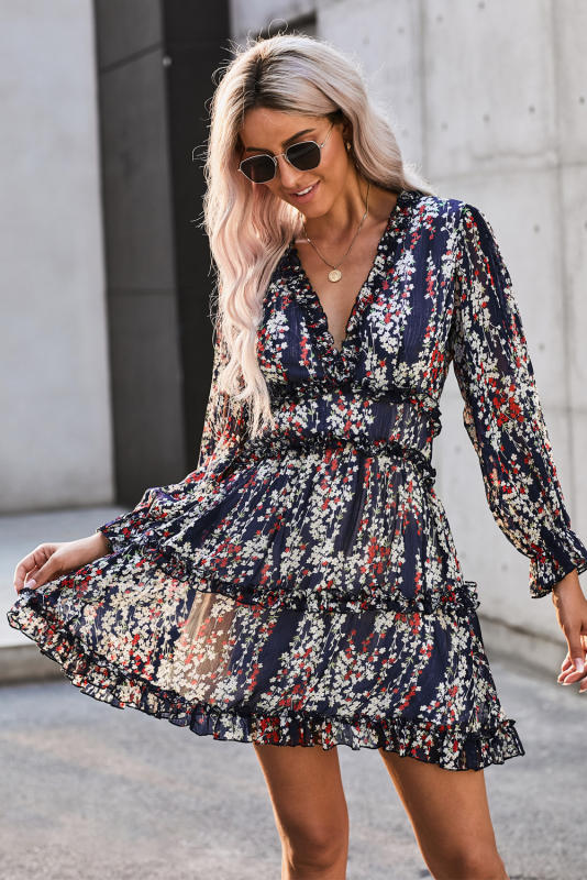 Blue Ruffle Detailing Open Back Floral Dress LC220829-5