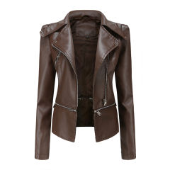 Coffee Removable Hem Leather PU Leather Jacket TQK280125-15