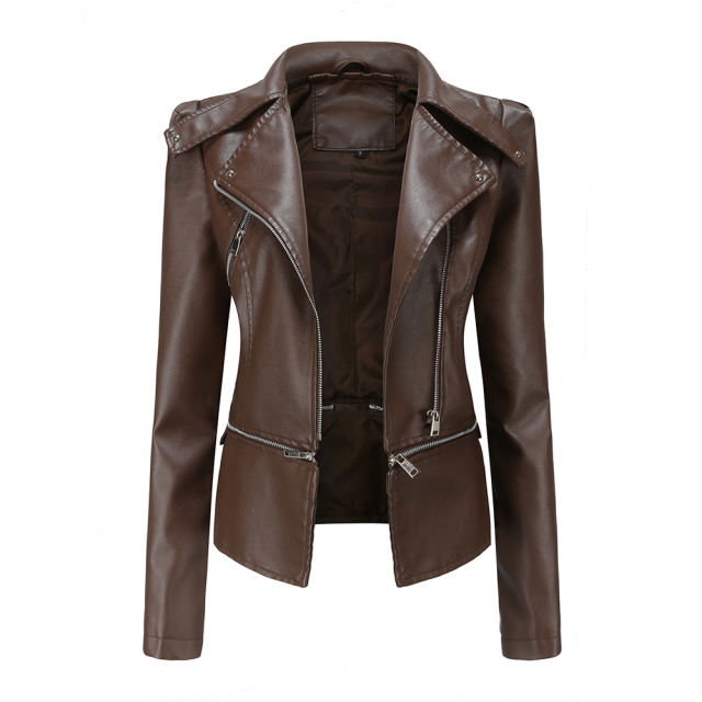 Coffee Removable Hem Leather PU Leather Jacket TQK280125-15