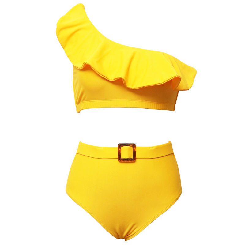 Yellow One Shoulder Ruffle Bikini Swimwear TQK610299-7