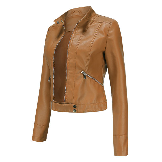 Camel PU Stand Collar Short Leather Jacket TQK280124-58