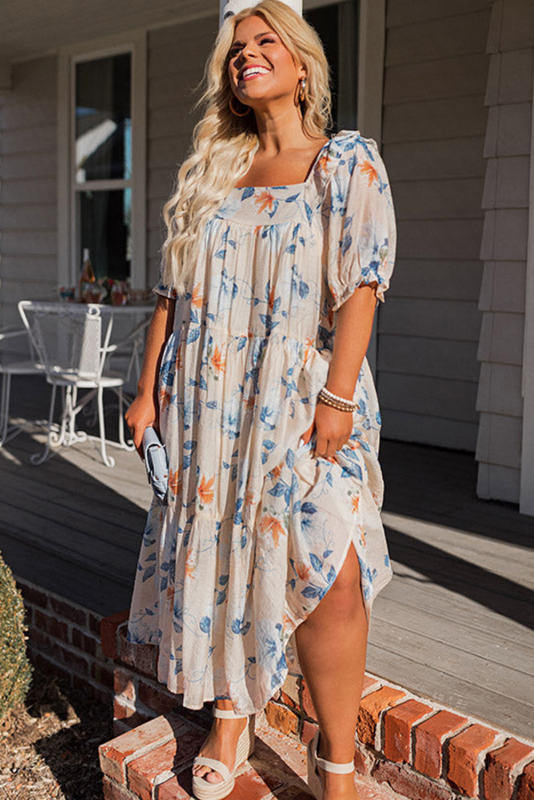 White Floral Print Puff Sleeve Square Neck Plus Size Dress PL61084-1